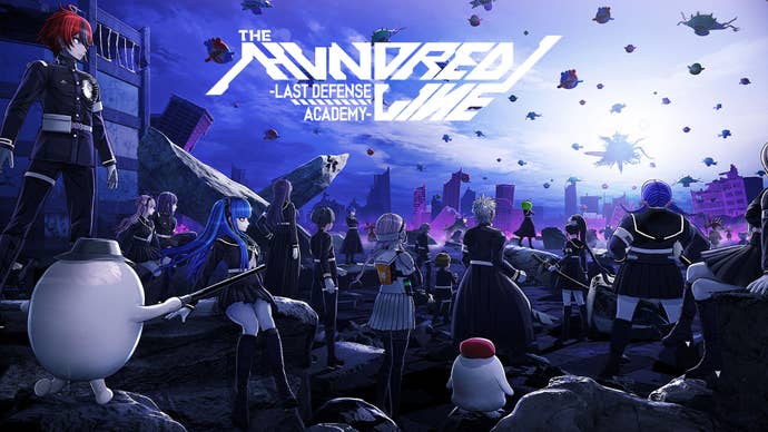 Key art for The Hundred Line -Last Defense Academy- showing numerous characters on a school battlefield.