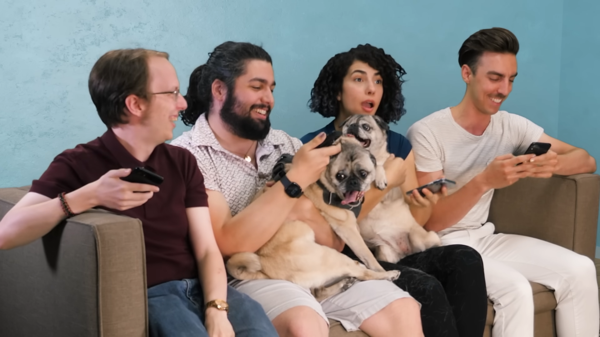 A group of players and pugs player Jackbox games