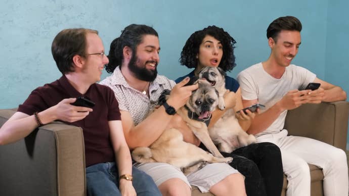 A group of players and pugs player Jackbox games