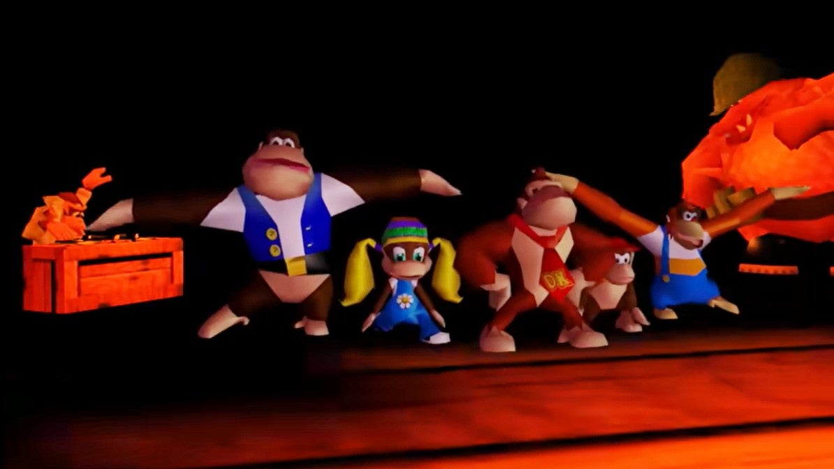 The Kong family dancing in a screenshot from Donkey Kong 64