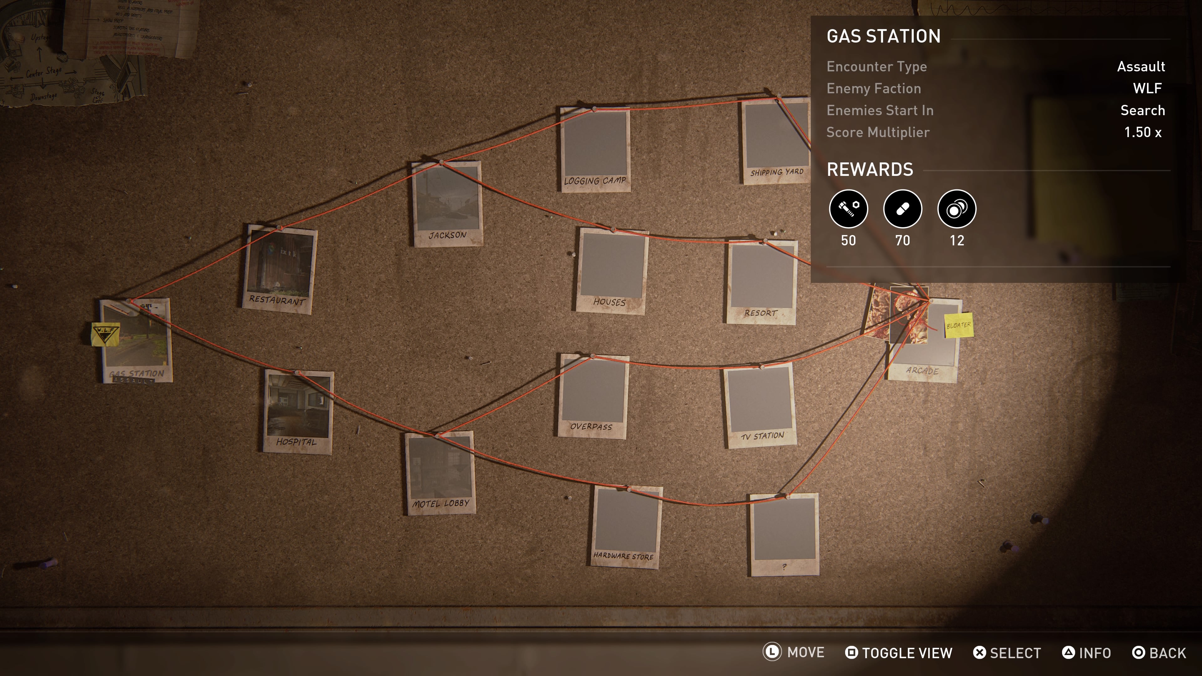 A view of the mission planning board from No Return, with a branching line of photos plots out a map through the game.