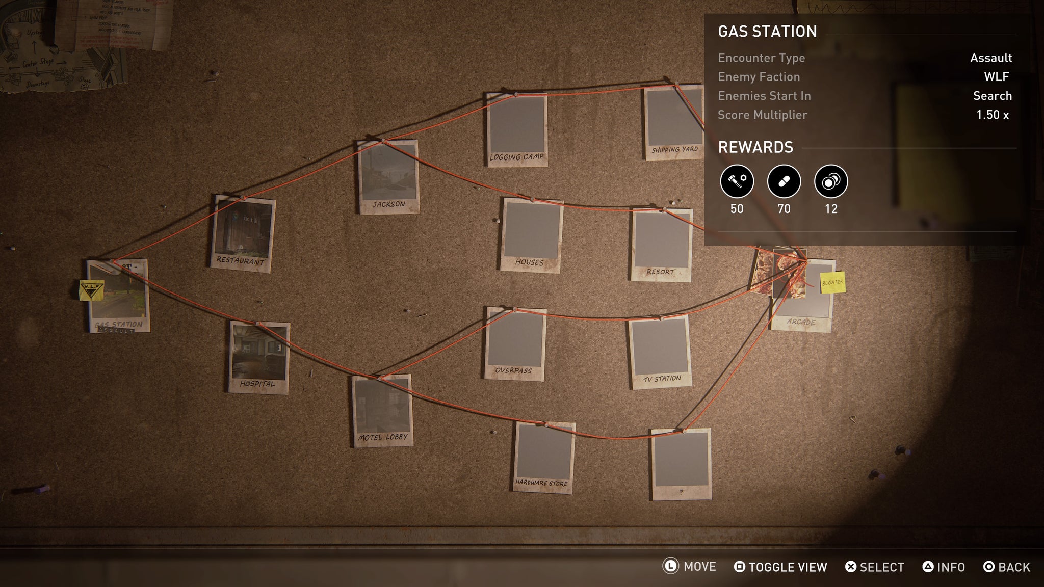 A view of the mission planning board from No Return, with a branching line of photos plots out a map through the game. - 3