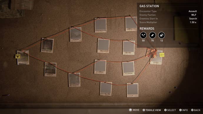 A view of the mission planning board from No Return, with a branching line of photos plots out a map through the game.