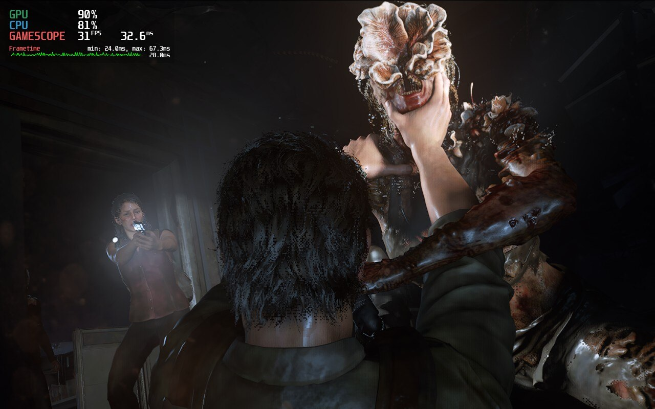 Joel is attacked by a Clicker in The Last of Us Part 1, running on a Steam Deck.