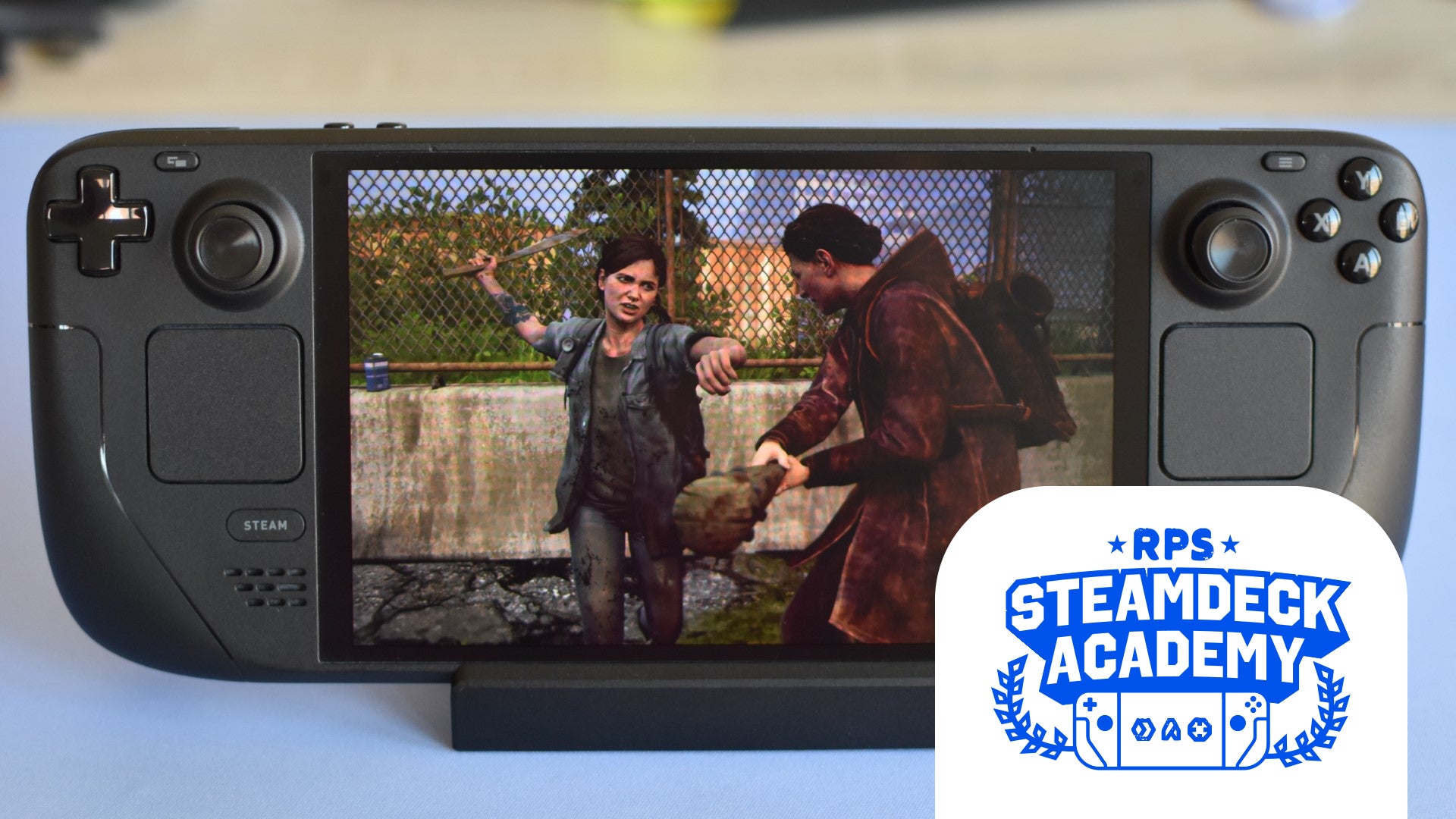 The Last of Us Part II Remastered running on a Steam Deck OLED. The RPS Steam Deck Academy logo is added in the bottom-right corner. - 1