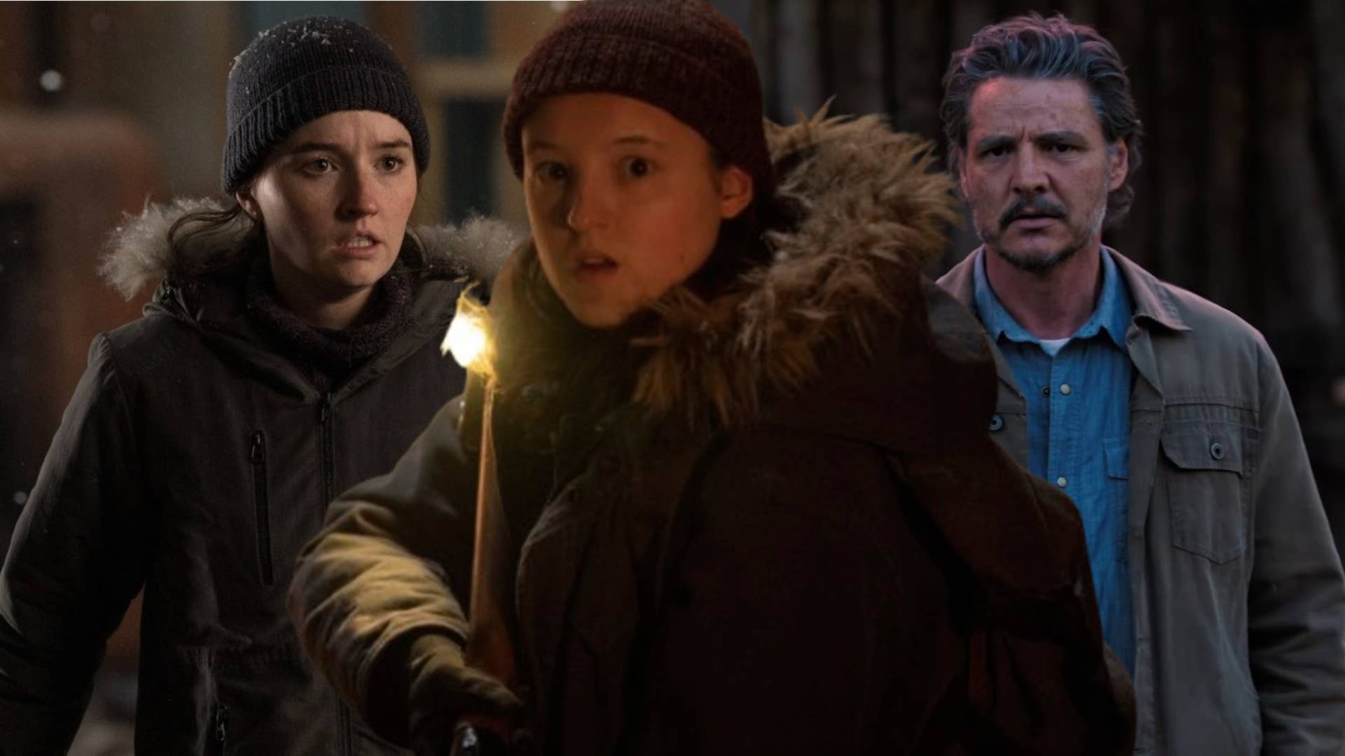 The Last of Us header image showing Kaitlyn Dever as Abby on the left and Pedro Pascal as Joel on the right. Between them and overlayed on top is Bella Ramsey as Ellie