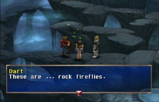 Dart observes rock fireflies alongside his companions in The Legend of Dragoon