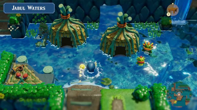 The Legend of Zelda: Echoes of Wisdom trailer screenshot showing Zora village in Jabul Water with musical instruments
