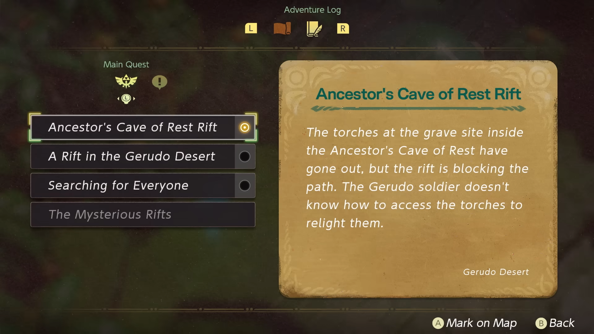 The Legend of Zelda: Echoes of Wisdom trailer screenshot showing her Adventure Log with quests