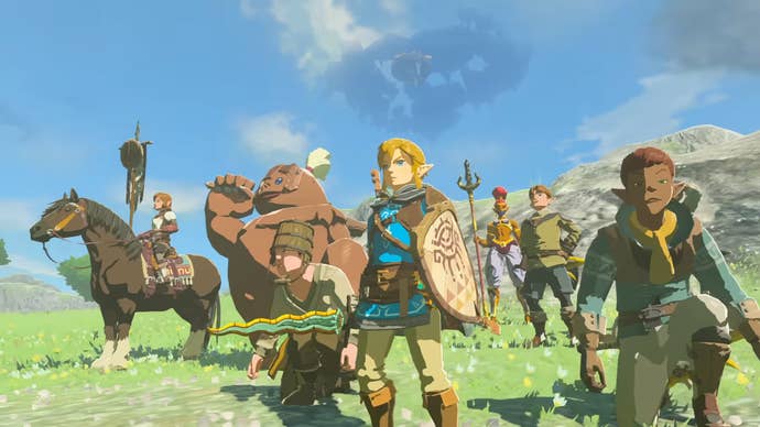 Zelda Tears of the Kingdom screenshot showing Link holding sword and shield surrounded by various figures holding weapons