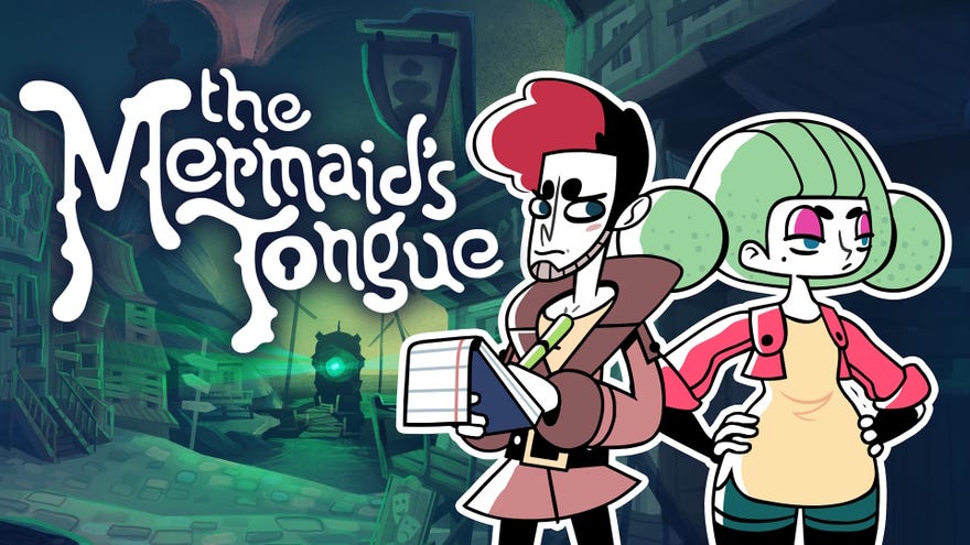 The key art for The Mermaid’s Tongue, showing the game’s logo and two lead detective characters