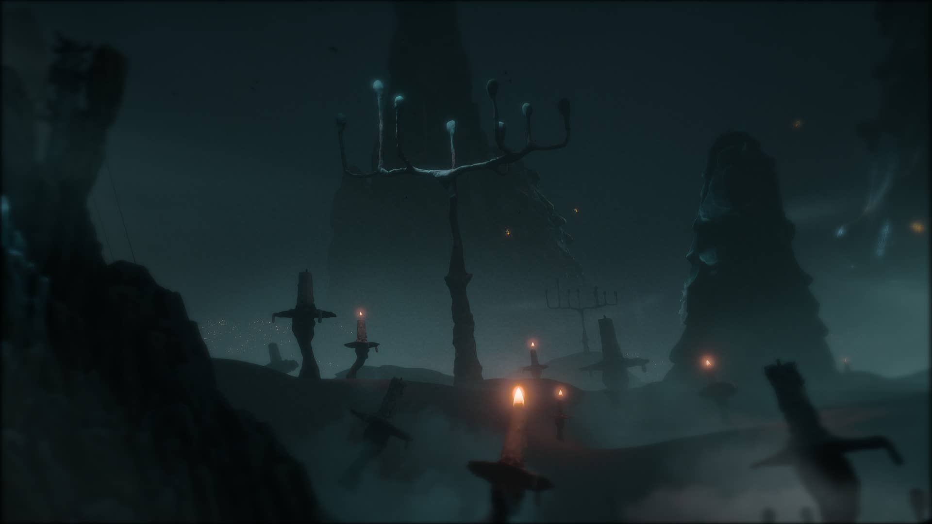 Candles and candelabra, lit and unlit, stretching into the dark distance.