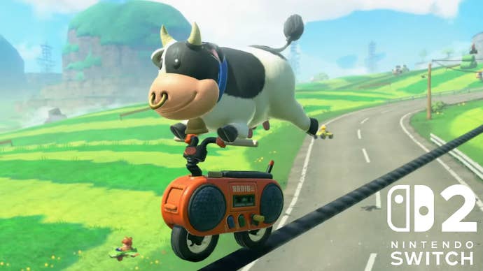 The Moo Moo Meadows cow in the reveal trailer for Mario Kart World does a trick on the back of a boom box bike