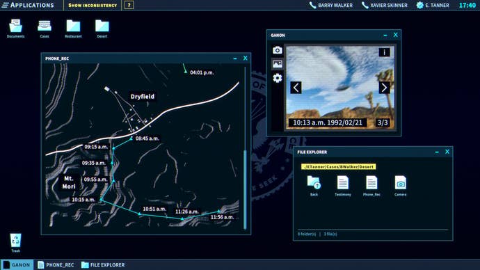 The player looks at a map, camera, and some documents via the in-game PC in The Operator