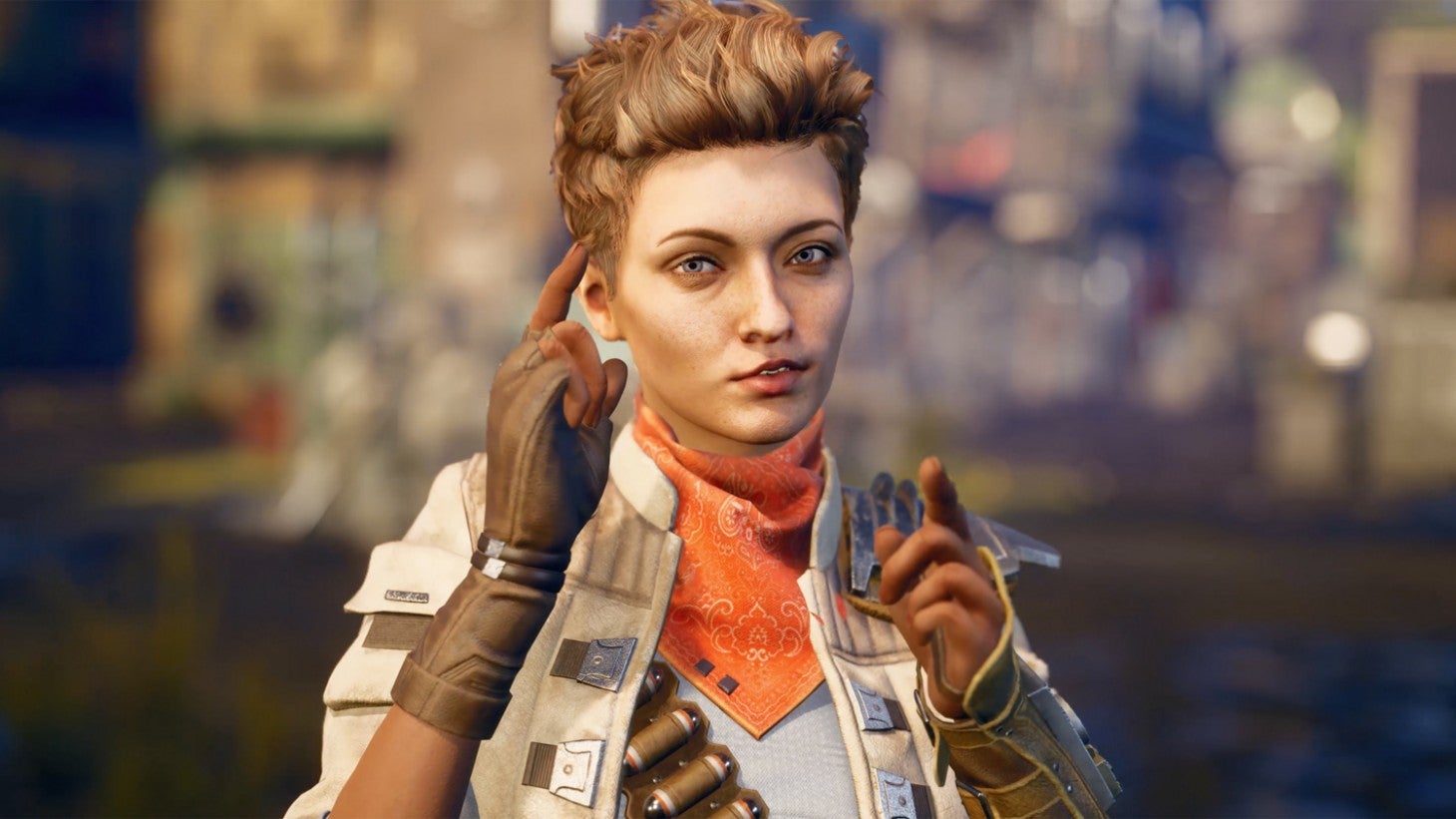 A character in The Outer Worlds doing finger guns at the camera - 1