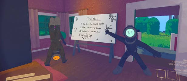 Content Warning gif showing two characters and a planning board