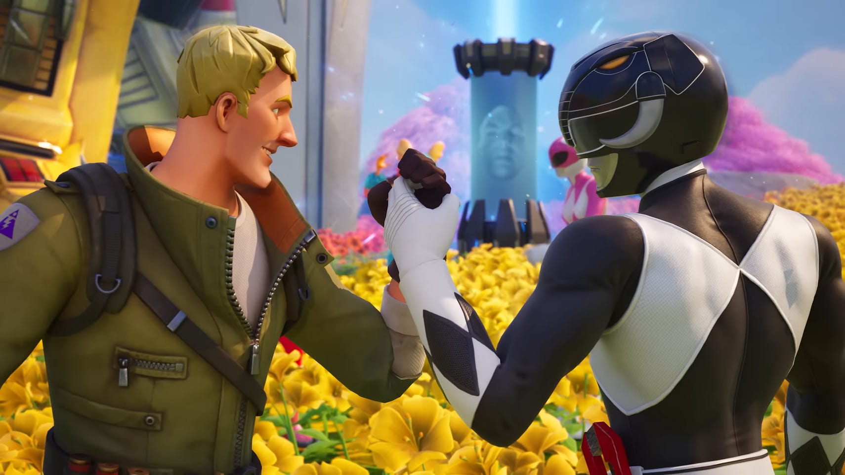 Fortnite trailer screenshot showing blonde soldier shaking hands with a black Power Ranger