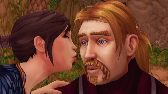 The Remarkable Life of Ibelin trailer screenshot showing Steens character receiving a kiss in game