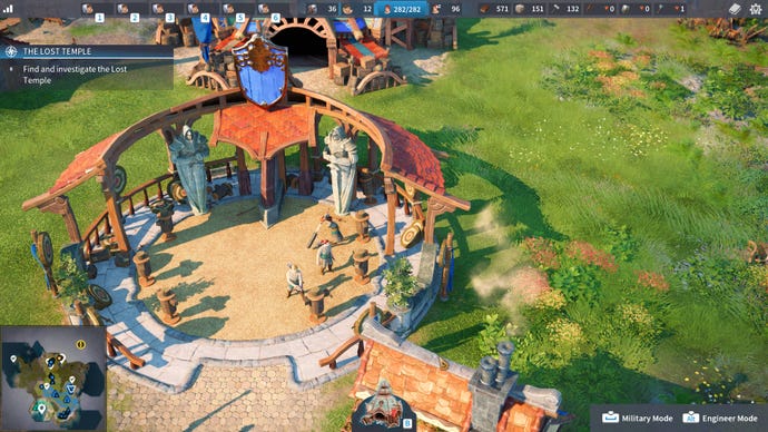 A group of settlers investigate a temple in The Settlers