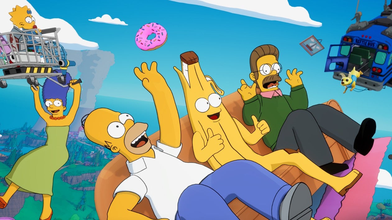 The Simpsons characters including Marge, Homer and Ned fall through the air with a couch and trolly. Fortnite's Peely is on the couch and Homer is reaching for a donut.