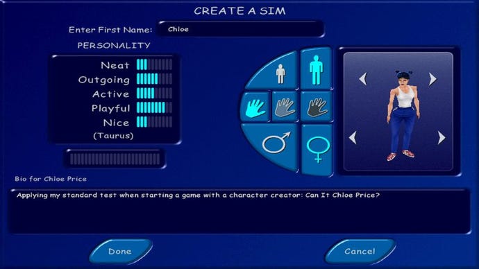 The Create-A-Sim screen from The Sims 1 with an in-progress Sim. The creator is a blue void with options allowing you to set the Sim’s personality, the basics of their physical appearance, their name, and a short bio.