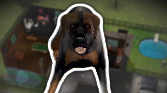 A dog from The Sims 2 Legacy Collection can be seen overlayed a blurred image of a household