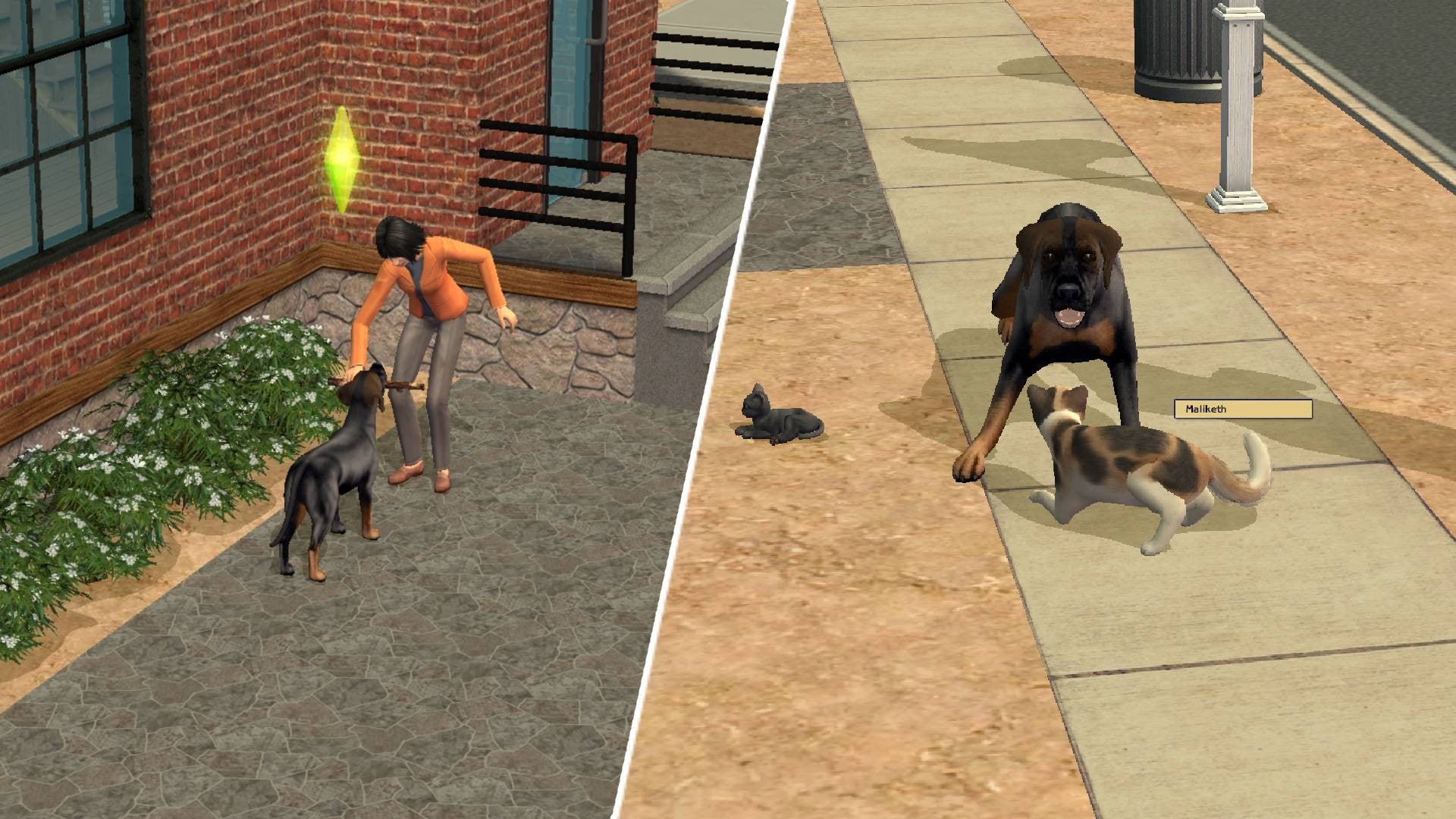 Two images from The Sims 2 Legacy Collection are shown: on the left, a sim plays fetch with their dog, and on the right, the dog plays with a cat - 3