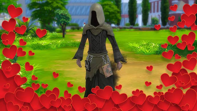 The Sims 4 Grim Reaper surrounded by love hearts