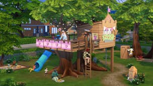 Multiple Sims stand on and around a treehouse in The Sims 4