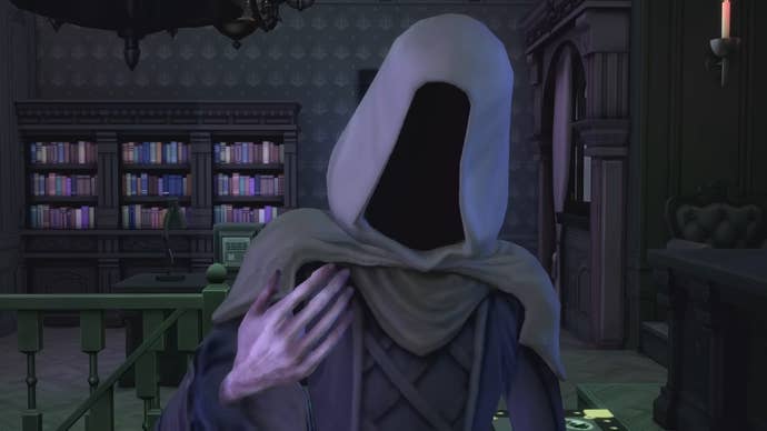 The Grim Reaper stands in his library and raises a hand to lower his hood.