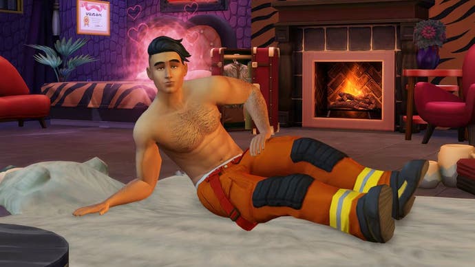 A topless sim in The Sims 4 Lovestruck Expansion Pack in a reclined sexy pose looking alluringly towards the camera