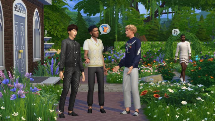 Asset from The Sims 4’s Modern Menswear DLC Kit showing three sims talking to each other