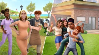 Two groups of Sims from the different mobile iterations of the game: on the left, a doctor, pregnant woman and barista from The Sims Freeplay; on the right, a group of young friends from The Sims Mobile.