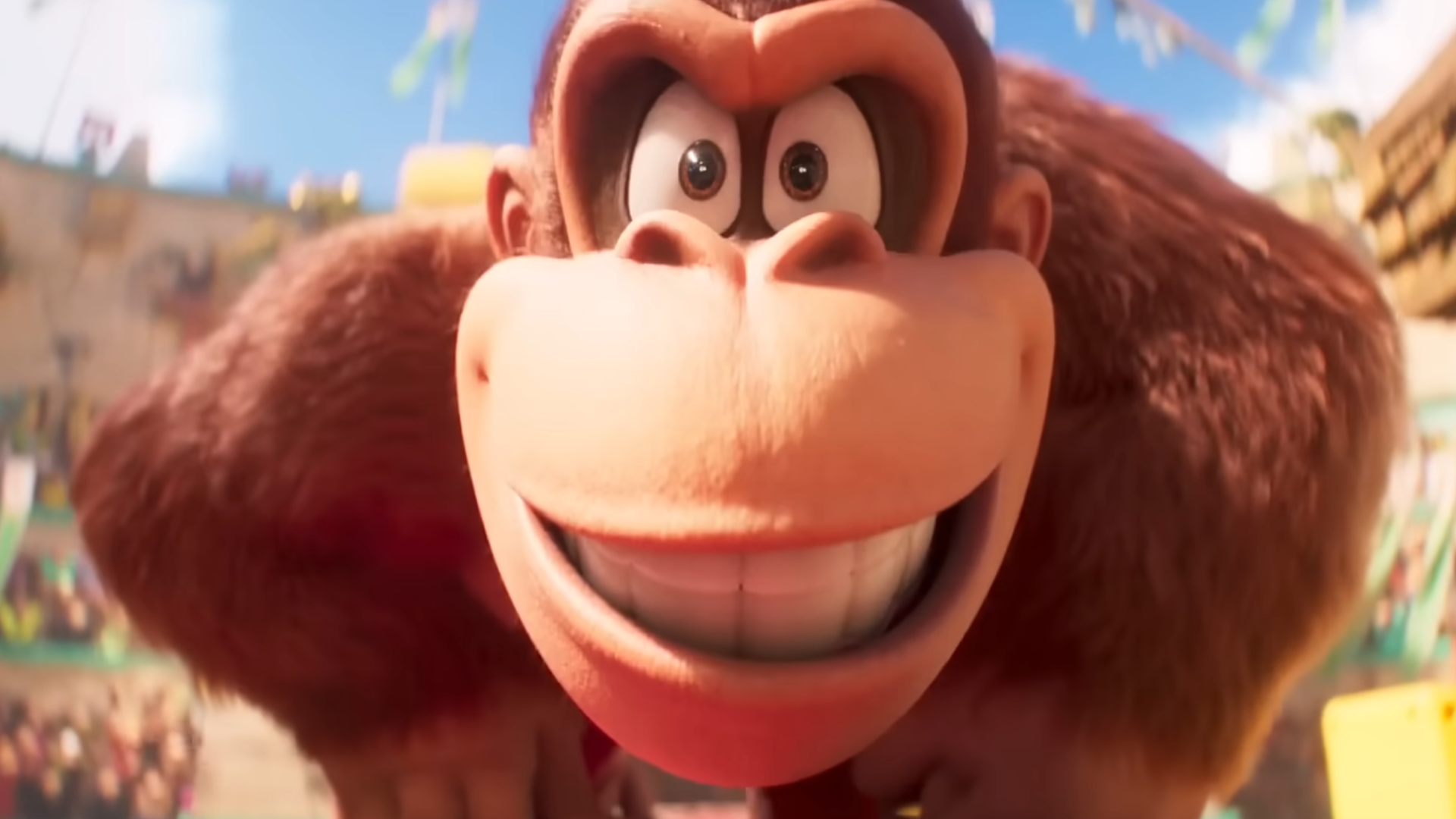 Extreme close up of Donkey Kong grinning from Super Mario Bros. Movie