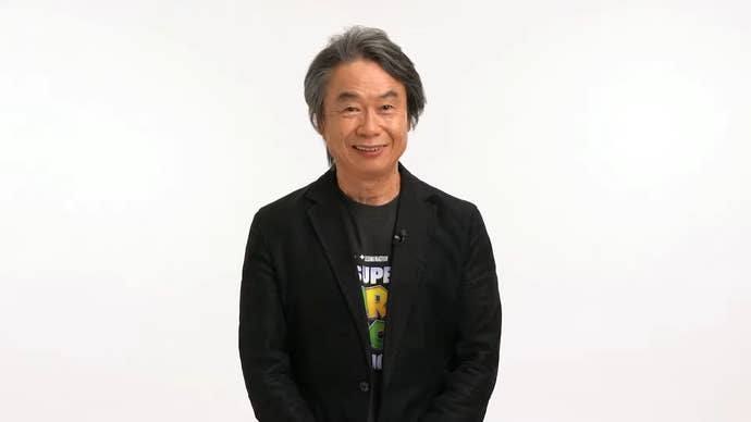 Screenshot from Super Mario Bros Movie Nintendo Direct showing Shigeru Miyamoto on a white background