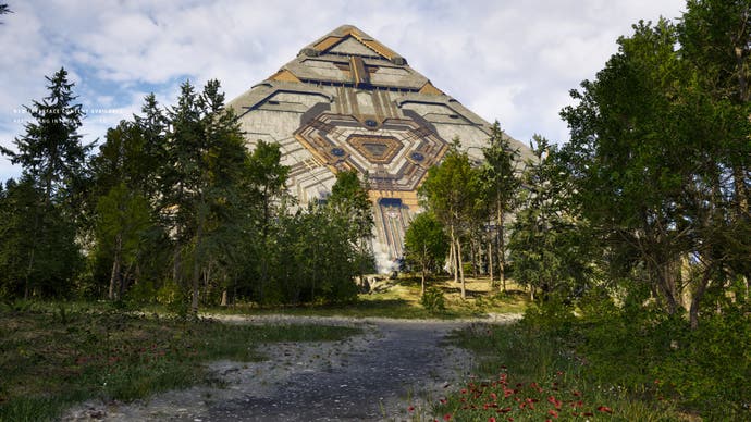 A vast, mechanical pyramid partially concealed by trees