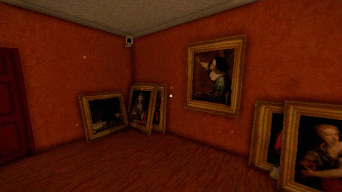 The Tartarus Key review screenshot, with several European-style paintings left unhung on the ground