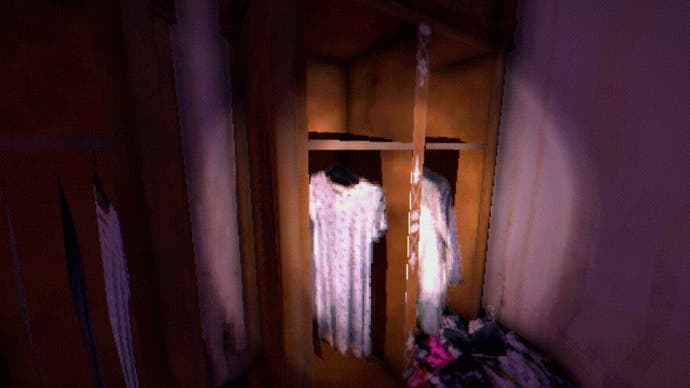 The Tartarus Key review screenshot, with some white dresses hung in a closet and a pile of clothes strewn nearby