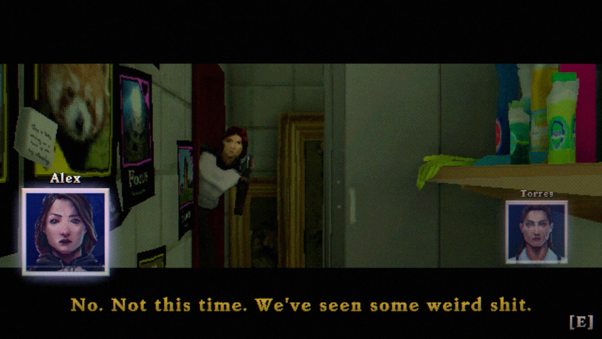 The Tartarus Key review screenshot, which showcases a cutscene between Alex and her friend Torres, with Alex peering into a supply closet wearily