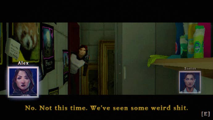 The Tartarus Key review screenshot, which showcases a cutscene between Alex and her friend Torres, with Alex peering into a supply closet wearily