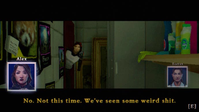 The Tartarus Key review screenshot, which showcases a cutscene between Alex and her friend Torres, with Alex peering into a supply closet wearily