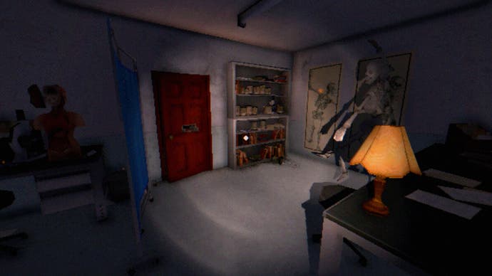 The Tartarus Key review screenshot, showing a scene at a medical room with a medical skeleton model, some charts, books and jars