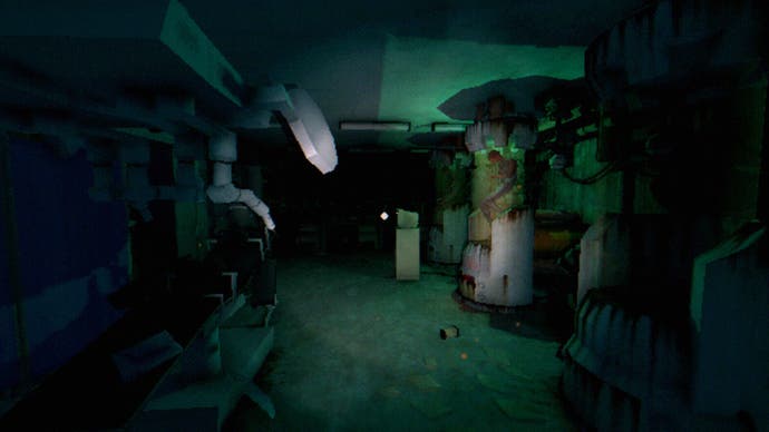 The Tartarus Key review screenshot, showing an old, dark and abandoned laboratory, with two tanks containing a human figure inside