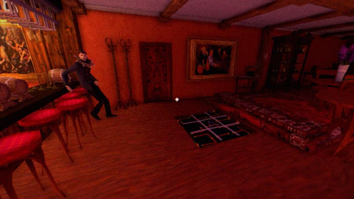 The Tartarus Key review screenshot, with a man in black wearing a spiked collar staring at the player, as he casually lounges in a lavish bar
