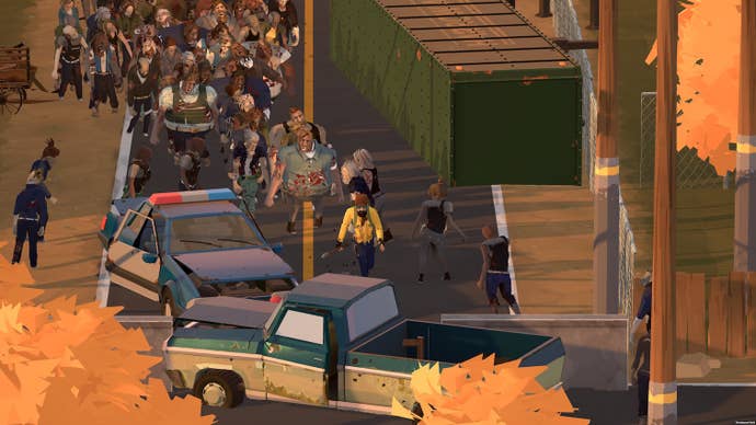 Bearded survivor runs away from zombie horde in a screenshot from The Walking Dead: Betrayal