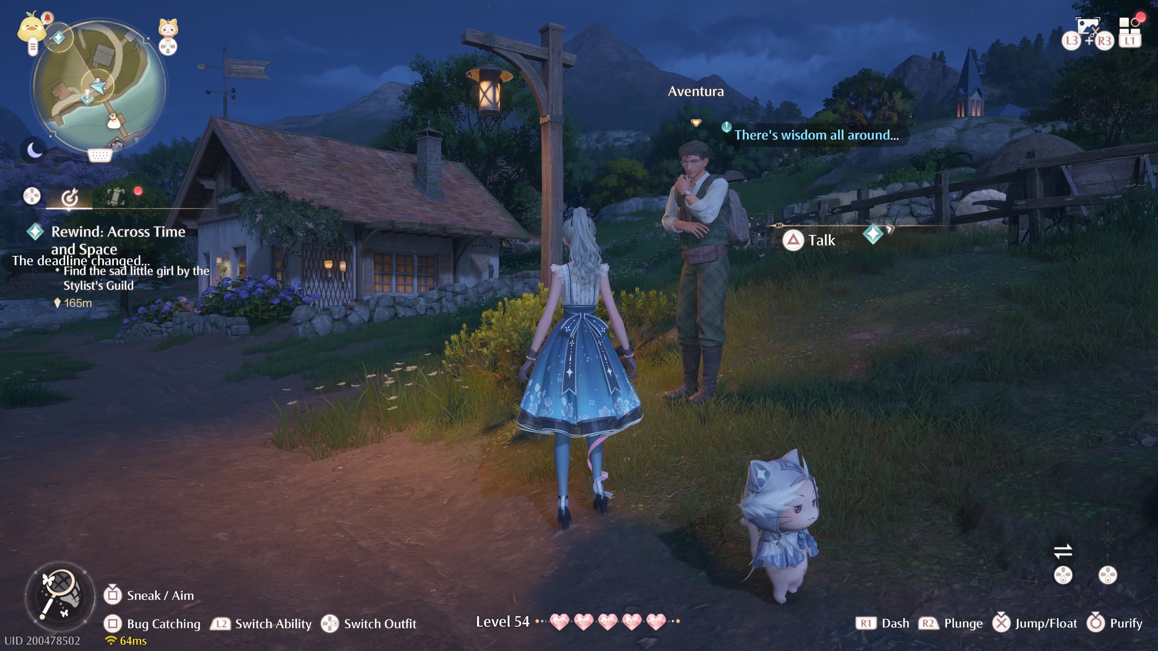 Nikki looking at Aventura at night in Infinity Nikki.