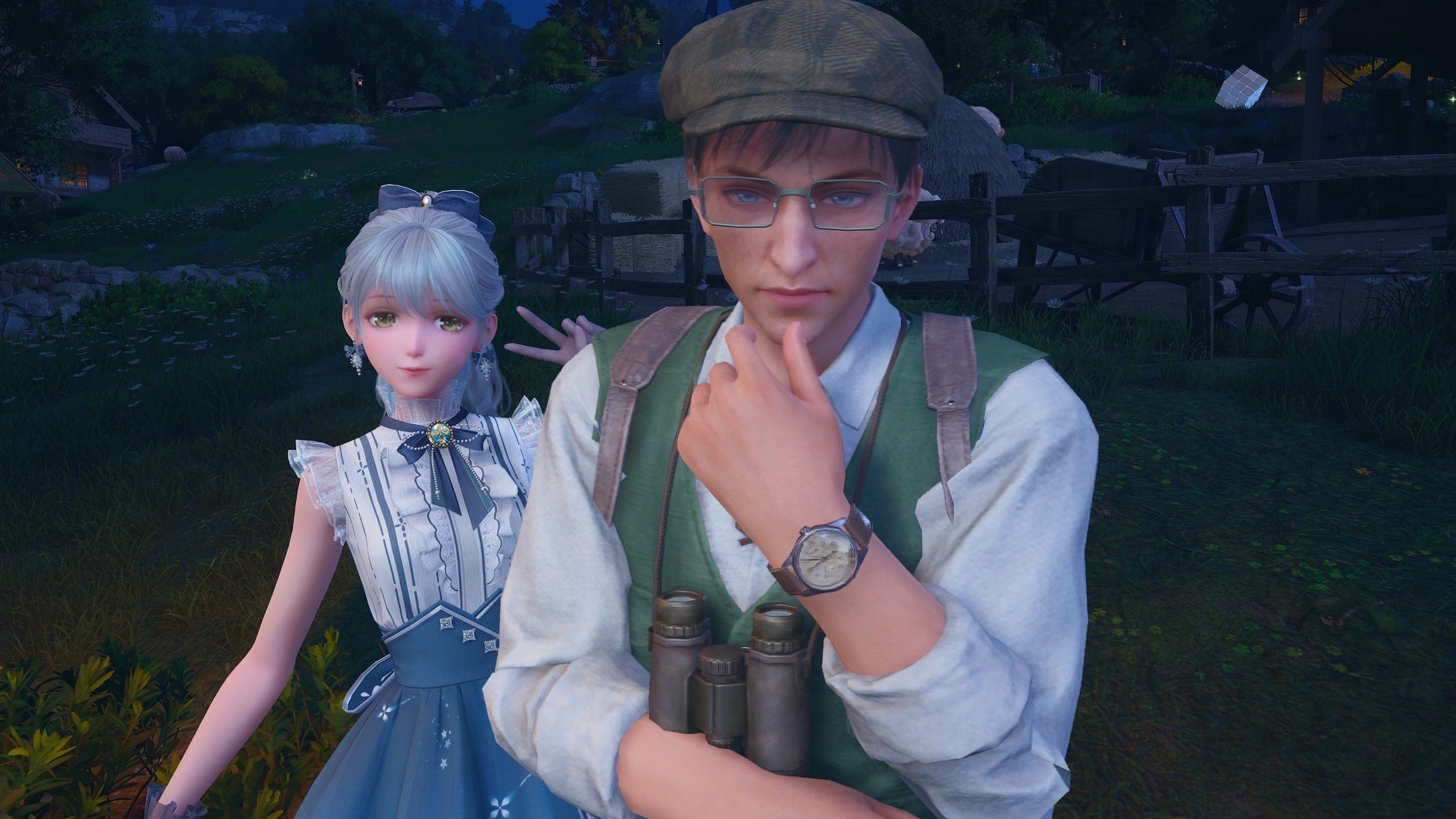 Nikki posing behind Aventura at night in Infinity Nikki.