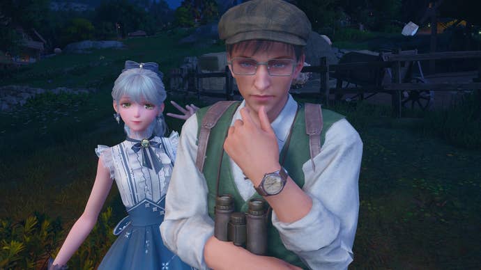 Nikki posing behind Aventura at night in Infinity Nikki.