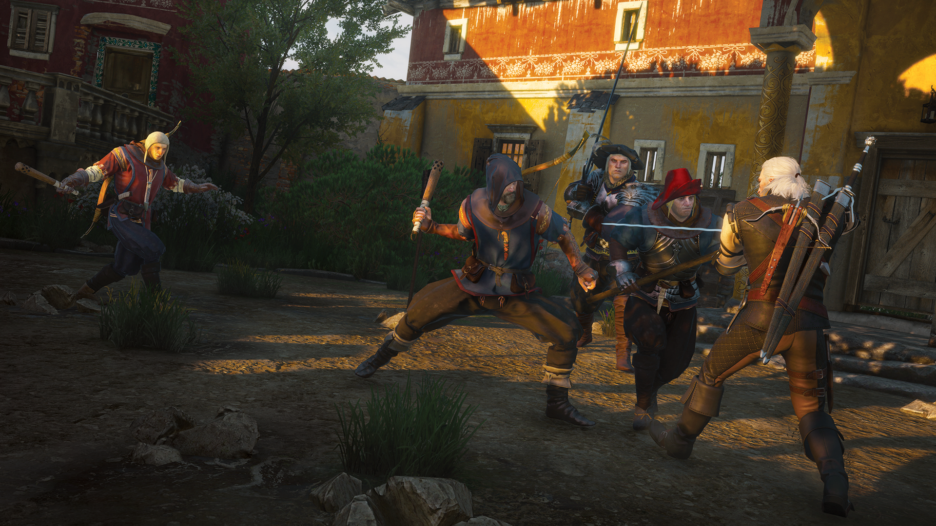 A white-haired witcher, Geralt of Rivia, can be seen fighting with four people in The Witcher 3's Blood and Wine DLC