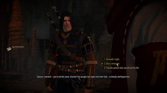 Witcher 3 screenshot showing the “Boy’s Innocent” dialogue option.